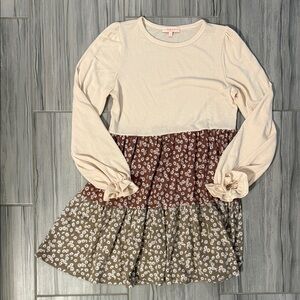 Floral Long Sleeve Dress - Cream and Brown